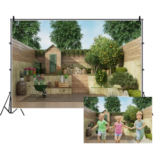 Renaiss Fabric Courtyard Scenery Backdrop Countryside Garden Wood House Natural Green Plants Photography Background Balcony View House Decorations Photo Studio Props 5x4ft - color: XH007, size: 5Wx4H FT