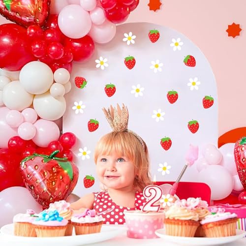 48pcs Strawberry Stickers for Balloon Arch Strawberries Theme Party Signs for Backdrop Kitchen Fruit Wall Stickers Daisy Flowers Berry First Crafts Decals for Baby Shower Girls Birthday Party Supplies - color: Red & White