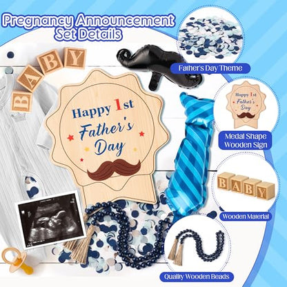 9Pcs Pregnancy Announcement Set Coming Soon Baby Announcement Ideas Include Happy Father's Day Wooden Sign Balloon Beads Garland New Parents Pregnancy Reveal Photo Prop Backdrop for 1st Father's Day - color: Blue