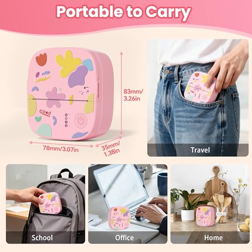 Mini Sticker Printer AHM2, Mini Thermal Printer with 3 Rolls Paper, Bluetooth Inkless Printpods, Pocket Label Maker Suitable for Creative Kids DIY, Diaries, Photos, Study Notes -Light Pink - color: Light Pink