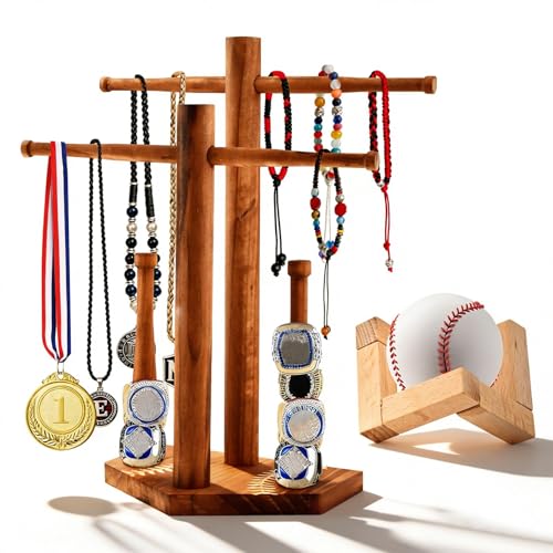 Wooden Baseball & Softball Drip Necklace Holder, Championship Ring Display Holder, Sports Ring Organizer for Boy Team Player Men Home Bedroom Decor