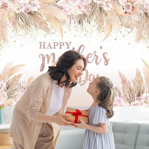 Mocsicka 7x5ft Mothers Day Backdrop Banner Boho Happy Mother's Day Photo Background Party Decorations Pampas Grass Thanks Mom Mother Day Decorations Banner Photo Booth Props - size: 7x5ft