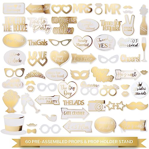 SOUL SHIFT 60PCs Fully Assembled Wedding Photo Booth Props - Prop Stand - Gold Signs - Elegant Wedding & Reception Party Supplies- Funny Wedding Props -Gold Foil Print – Bridal PhotoBooth
