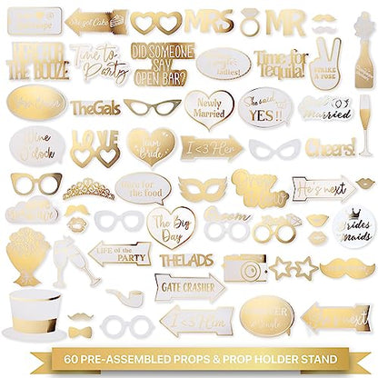 SOUL SHIFT 60PCs Fully Assembled Wedding Photo Booth Props - Prop Stand - Gold Signs - Elegant Wedding & Reception Party Supplies- Funny Wedding Props -Gold Foil Print – Bridal PhotoBooth
