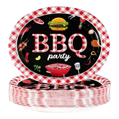 50 Pcs BBQ Party Supplies 10" × 12" Large Heavy Duty Red Gingham and Black BBQ Oval Paper Plates Disposable BBQ Birthday Party Plates for Summer Picnic Barbecue Baby Shower Birthday Party Decorations - style: 50Pcs Red Gingham BBQ Oval Plates