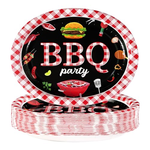 50 Pcs BBQ Party Supplies 10" × 12" Large Heavy Duty Red Gingham and Black BBQ Oval Paper Plates Disposable BBQ Birthday Party Plates for Summer Picnic Barbecue Baby Shower Birthday Party Decorations - style: 50Pcs Red Gingham BBQ Oval Plates