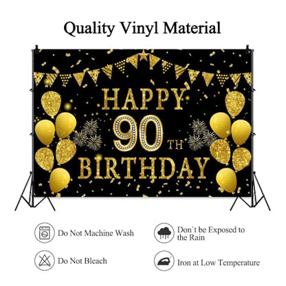 5x3ft Happy 90th Birthday Party Photography Backdrop, Glitter Black and Gold Balloons Background for Woman Man Fabulous 90 Bday Shining Diamond Ninety Years Old Birthday Party Supplies - color: 90th, size: 5x3ft
