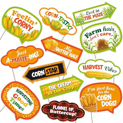 Corn Harvest Photo Booth Props – 12 Funny Farm Signs for Fall Festival, Pumpkin Patch, Country Fair & Barn Party Decoration Kit - style: Corn