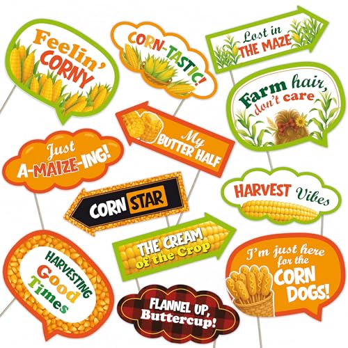 Corn Harvest Photo Booth Props – 12 Funny Farm Signs for Fall Festival, Pumpkin Patch, Country Fair & Barn Party Decoration Kit - style: Corn