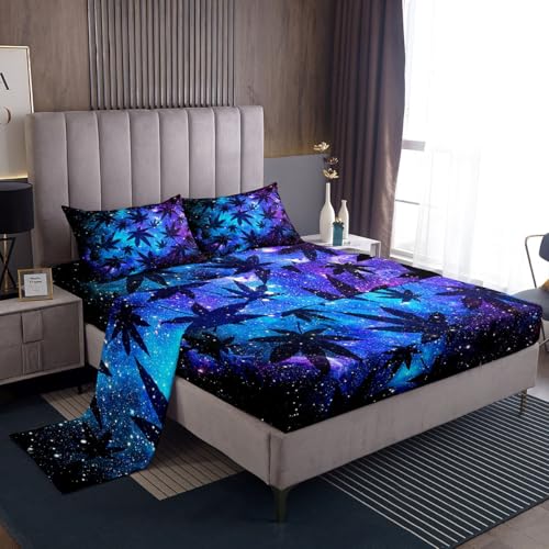 Erosebridal Leaves Bed Sheets 3 Pcs Kids Girls Boys Teens Galaxy Sheet Set Twin + Deep Pocket Fitted Sheets+ Chic Purple Blue Flat Sheet + Room Decor - color: Multi 4, size: Twin