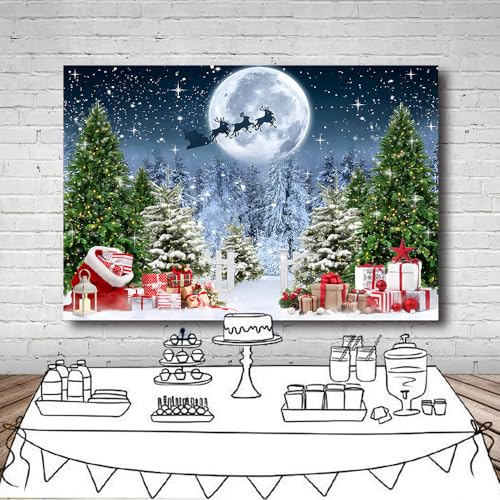 8x6 FT Christmas Scene Backdrop Xmas Tree Winter Forest Scene Wonderland North Pole Night Background Starry Sky Moon Reindeer Santa Claus Christmas Decorations Family Photo Shoot Booth Props - size: 8x6 FT