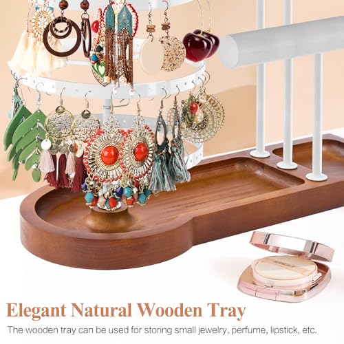 KALYLOC Jewelry Earring Holder Organizer, Adjustable 5 Tiers Rotating Earring Holder 3 Tier Necklace Holder with Wooden Base, Multi-Functional Jewelry Organizer Display Stand for Studs Bracelet Women - color: White
