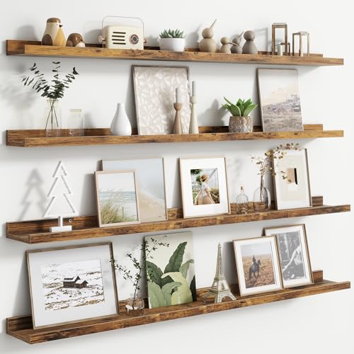 FLYJOE Floating Picture Ledge Shelves for Wall Set of 4, 48 Inch Wall Shelves with Lip Long Large Nursery Book Shelf for Toys Storage Kids Bookshelf Wall Mounted Living Room Bedroom Decor Frames - color: Brown, size: 48'', Set of 4