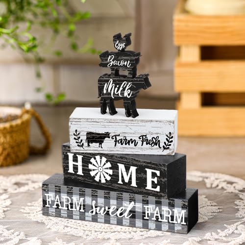 Geelin 4 Pcs Farmhouse Kitchen Signs Cow Rooster and Pig Decors Rustic Wooden Signs Country Table Centerpiece Tiered Tray Decor Table Top Sign for Home Kitchen - style: Farm
