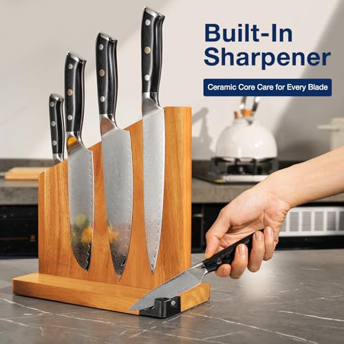 Gourmetop Magnetic Knife Holder with Built-in Sharpener, 100% Acacia Wood Magnetic Knife Block without Knives, Strong Double-Sided Magnetic Knife Holder for Kitchen Countertop Organization, Light Wood - color: Light Wood