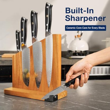 Gourmetop Magnetic Knife Holder with Built-in Sharpener, 100% Acacia Wood Magnetic Knife Block without Knives, Strong Double-Sided Magnetic Knife Holder for Kitchen Countertop Organization, Light Wood - color: Light Wood