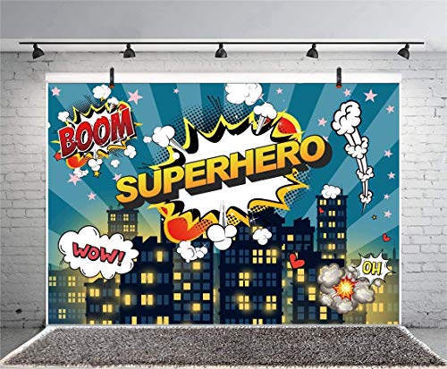 Haoyiyi 5x3ft Superhero Super City Backdrop City Building Dark Blue Sky Boom Cloud Background Photography Children Kids Boys Baby Shower Birthday Artistic Portrait Photo Booth Prop