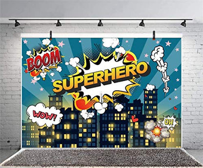 Haoyiyi 5x3ft Superhero Super City Backdrop City Building Dark Blue Sky Boom Cloud Background Photography Children Kids Boys Baby Shower Birthday Artistic Portrait Photo Booth Prop
