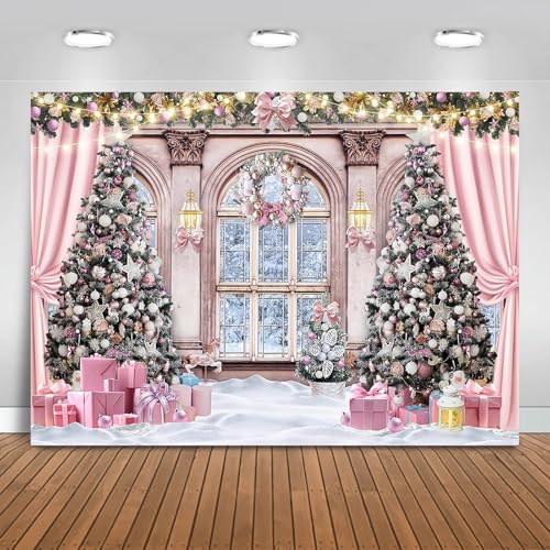 Christmas Backdrop for Photography 10x7ft Christmas Window Snowy Winter Scenery Photography Background Pink Curtain Snowy Forest Outside The Window Family Photo Shoot Booth Props - size: 10x7ft