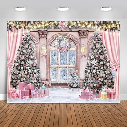 Christmas Backdrop for Photography 8x6ft Christmas Window Snowy Winter Scenery Photography Background Pink Curtain Snowy Forest Outside The Window Family Photo Shoot Booth Props - size: 8x6ft