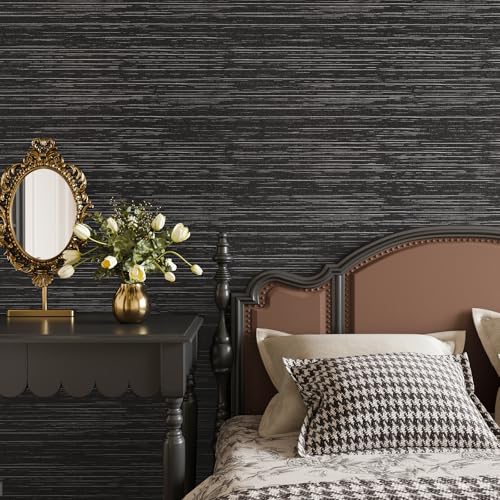VEELIKE Black Grasscloth Wallpaper Textured Black Grasscloth Peel and Stick Wallpaper for Bedroom Bathroom 15.7''x354'' Removable Self Adhesive Linen Grass Cloth Contact Paper for Walls Cabinets Walls - color: Black, size: 15.7" x 354"