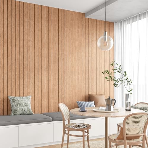 VEELIKE 30''x118'' Cherry Wood Wall Panels Peel and Stick Slat Wood Panel Vinyl Roll for Living Room Bedroom Farmhouse Self Adhesive Removable Slat Wall Paper for Accent Walls TV Background Ceiling - size: 30" x 118"