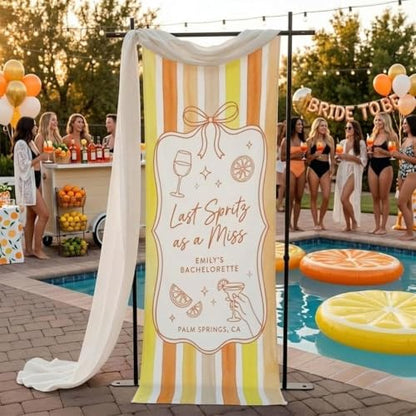 Last Spritz as a Miss Vertical Welcome Sign Banner Spritz Theme Bachelorette Party Decorations Palm Springs Summer Poolside Coquette Aesthetic Bow Orange Yellow Stripes Photography Backdrop