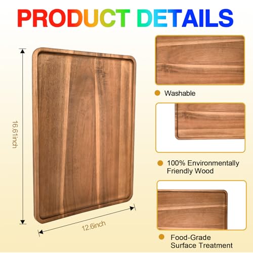 2 Pcs Acacia Wood Serving Tray, Rectangular Wooden Serving Platters Charcuterie Board, Large Wood Kitchen Display Tray for Food, Cookie, Dessert, Fruit, Snack, Vegetable, 16.6" x 12.6" x 0.6" - size: 16.6*12.6 inch