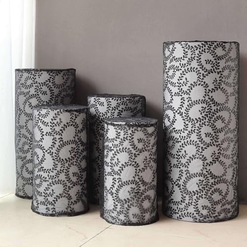 Efavormart Set of 5 Black Sequin Mesh Cylinder Display Box Stand Covers with Leaf Vine Embroidery, Sparkly Sheer Tulle Pedestal Pillar Prop Covers - color: Black, size: Sequin Mesh Cylinder Covers - Leaf Pattern