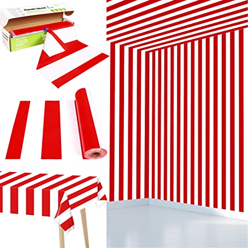 Red and White Striped Tablecloth Roll 52 in x 100 Ft with Slide Cutter Circus Carnival Party Supplies Halloween Christmas Plastic Picnic Table Cover for Indoor Outdoor Events Family Banquet Party - color: Red and White Striped