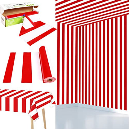 Red and White Striped Tablecloth Roll 52 in x 100 Ft with Slide Cutter Circus Carnival Party Supplies Halloween Christmas Plastic Picnic Table Cover for Indoor Outdoor Events Family Banquet Party - color: Red and White Striped
