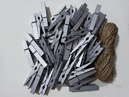 1.8 Inch Silver Wooden Clothespins Hold Picture Photo Clothesline Pins Hanging Christmas Cards with Jute Twine Pack 50 - color: 50pcs (2 Inch) Silver + Jute Twine