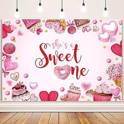 MEHOFOND Valentines 1st Birthday Backdrop for Girl - She's A Sweet One Heart Banner Photo Studio Props Background 7x5ft - color: Pink, size: 7x5ft