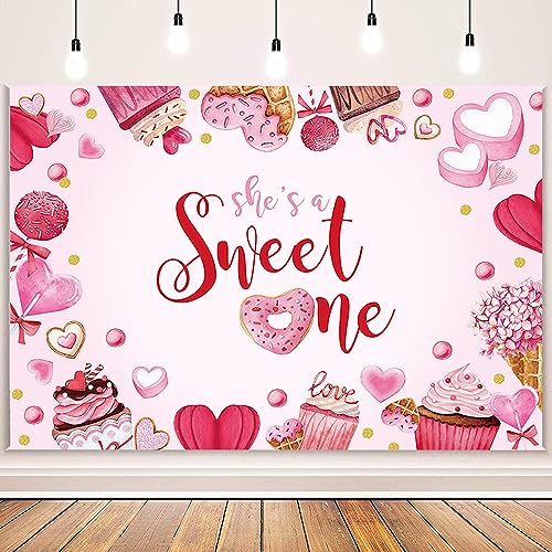 MEHOFOND Valentines 1st Birthday Backdrop for Girl - She's A Sweet One Heart Banner Photo Studio Props Background 7x5ft - color: Pink, size: 7x5ft