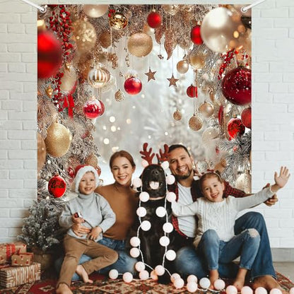 8x6ft Winter Christmas Backdrop for Photography Red Bell Glitter Snowflake Snow White Pearl Photography Background Holiday Kid Family Portrait Xmas Tree Banner Photo Booth Studio Props