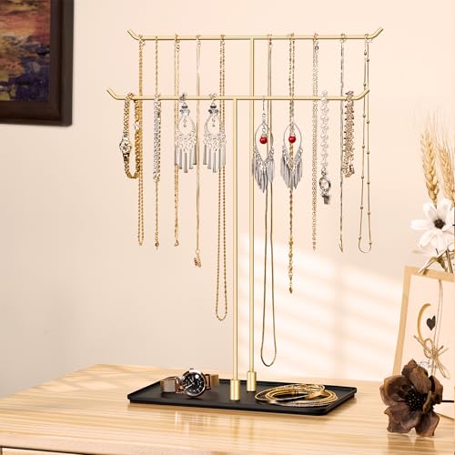 bussdis Necklace Holder Jewelry Stand Organizer for Necklaces and Bracelets, Metal Display Stand, Gift for Women, Ideal for Home, Bedroom, or Vanity, Gold and Black - color: Black-gold, size: 14.5" Height