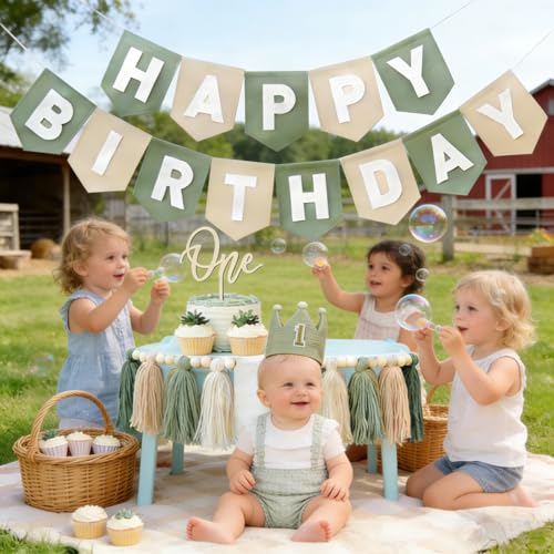 Sage Green 1st Birthday High Chair Decorations- First Birthday Banner Wild One Highchair banner 1st birthday boy with Tassels, Crown & One Cake Topper, Boho 1st Birthday Party Supplies photo props - color: Green