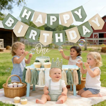 Sage Green 1st Birthday High Chair Decorations- First Birthday Banner Wild One Highchair banner 1st birthday boy with Tassels, Crown & One Cake Topper, Boho 1st Birthday Party Supplies photo props - color: Green