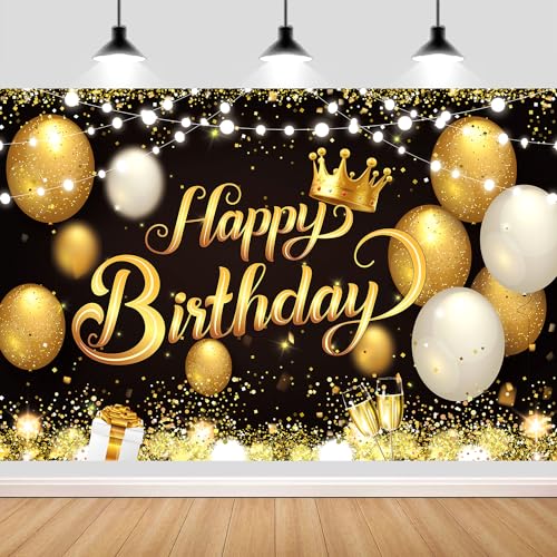 180x120 cm Black Gold Happy Birthday Party Backdrops Cloth 71x47 in. Glitter Black Gold Happy Birthday Photography Backgrounds Banners Black Gold Happy Birthday Sign Decorations for Men Women - color: Black