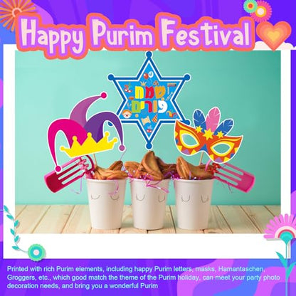 40 Pcs Happy Purim Decorations Photo Booth Props, Funny Jewish Holiday Selfie Props with Sticks Hamantaschen Signs for Purim Masquerade Celebration Party Supplies