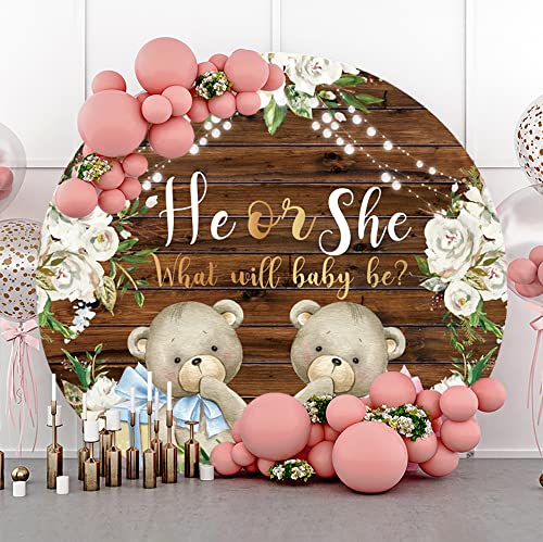 Yeele 7x7ft Bear Gender Reveal Round Backdrop He or She What Will Baby Be White Floral Rustic Wooden Photography Background for Pregnancy Reveal Baby Shower Party Decoration Banner Photo Props