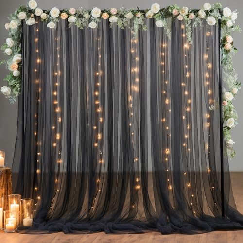 30x10ft Black Tulle Backdrop Curtain with Lights String for Parites, Sheer Backdrop Curtains for Wedding Baby Shower Birthday Party Photo Shoot Decorations - color: Black, size: 30ft x 10ft(6 Panels 5*10ft)