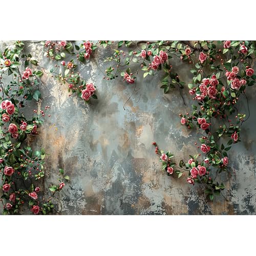 5x3ft Vinyl Old Floral Wall Photography Background Retro Texture Wall Grain Pink Rose Fairytale Birthday Backdrops Medieval Wedding Events Party Decorations Newborn Baby Shower Studio - color: green, size: 5x3ft