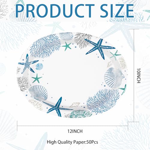 50Pcs Coastal Beach Oval Paper Plates 10" x 12" Large Heavy Duty Disposable Blue Ocean Coral Starfish Seashell Dinner Plates Summer Beach Paper Platters for Under the Sea Wedding Birthday Supplies - style: 50Pcs Coastal Oval Paper Plates