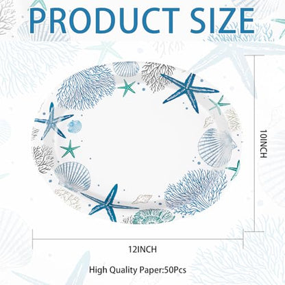50Pcs Coastal Beach Oval Paper Plates 10" x 12" Large Heavy Duty Disposable Blue Ocean Coral Starfish Seashell Dinner Plates Summer Beach Paper Platters for Under the Sea Wedding Birthday Supplies - style: 50Pcs Coastal Oval Paper Plates