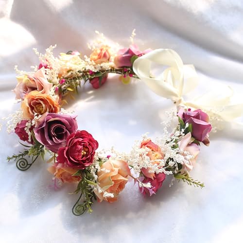 Flower Crown Rose Flower Headband Floral Crown Headpiece Halo Wedding Bridal Party Halloween Photos - color: rosy red