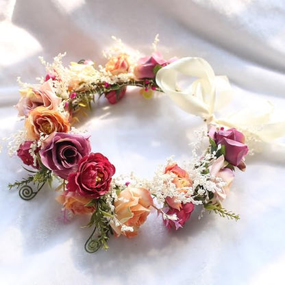 Flower Crown Rose Flower Headband Floral Crown Headpiece Halo Wedding Bridal Party Halloween Photos - color: rosy red