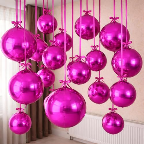 HILAVO 12PCS Hot Pink Round Foil Balloons, 22" 15" 10" Large 4D Ball Balloons Metallic Hot Pink Mirror Sphere Balloon for Valentines Galentines Day Wedding Women Birthday Party Ceiling Decorations - color: Hot Pink Ball