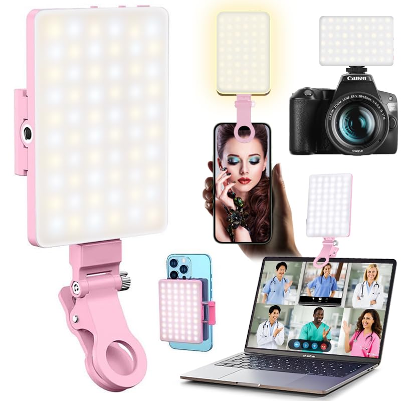 60 LED Portable Selfie Light Video Conference Lighting with Clip & Camera Tripod Adapter Rechargeable 2000mAh CRI 97+, 3 Light Modes for Phone iPhone Webcam Laptop Photo Makeup (Pastel Pink)