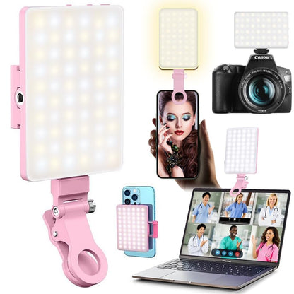 60 LED Portable Selfie Light Video Conference Lighting with Clip & Camera Tripod Adapter Rechargeable 2000mAh CRI 97+, 3 Light Modes for Phone iPhone Webcam Laptop Photo Makeup (Pastel Pink)